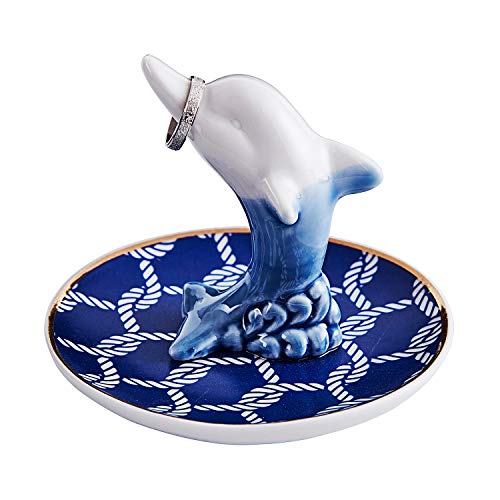 HOME SMILE Good Luck Dolphin Ring Holder with Decorative Blue Dish