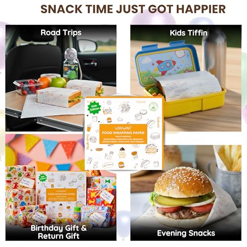 Image of Wrapping Paper Sheets | 100 Sheets | 100% Food Grade | FDA Approved | 100% Quantity Guarantee | Oil Resistant & Non Soggy | Reheatable | Parchment Paper (Kids Edition, 28x29 Cm)