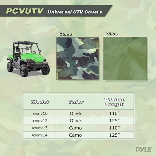 Image of Pyle Universal UTV Vehicle Protective Cover - Quad Wheeler Outdoor Waterproof Dust and Weather Protection w / Polyester Canvas Heavy Duty Fabric, Storage Bag, For Up to 110 inch Vehicles -PCVUTV13 (Camo)