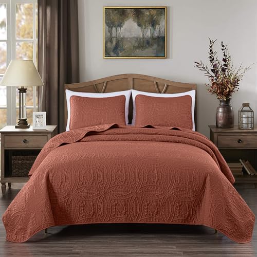 Image of Chezmoi Collection Austin Queen Bedspread Set 3-Piece Pinsonic Quilted Oversized Bedspread Coverlet Set, Queen, Terracotta