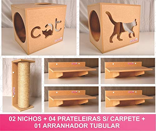 Kit 02 Nichos Gatos + 04 Prateleiras+ 02 Arranhadores - Cj 08 pçs
