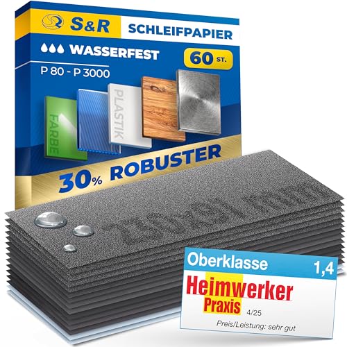 S&R Wasserfestes Schleifpapier Set 60 Stk, Schleifblätter Satz, Schmirgelpapier, Trocken- & Nasspolitur, Siliziumkarbid-Korn, 15 Körnungen P80 bis P3000, Profi Nassschleifpapier; Industrie-Qualität