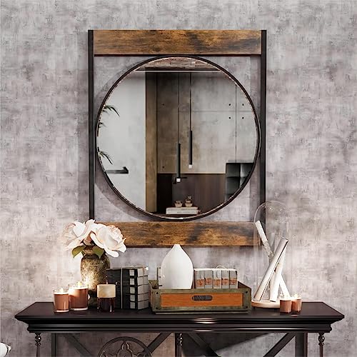 Artloge Decorative Wall Mirror Industrial: 24 Inch Round Silver Glass Vanity With Rustic Wood Edge And Black Rectangular Frame thumb #1