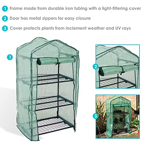 Sunnydaze Outdoor Portable 3-Tier Mini Greenhouse With Roll-Up Zippered Door And Steel Wire Shelves - Green #TOP3