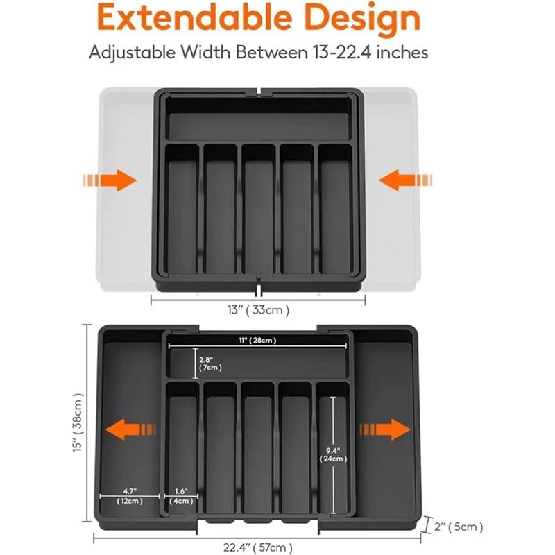 Cubertero Cajon Organizador de cajones for cubiertos expandible, bandeja ajustable for utensilios cocina, divisor almacenamiento con compartimentos(Grey)