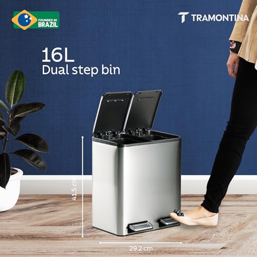 Image of TRAMONTINA 2-in-1 Dual Compartment Dustbin 16L (8L+8L) | Stainless Steel Wet & Dry Trash Can | Soft-Close | Removable Inner Buckets | Anti-Fingerprint | Rectangle Bin