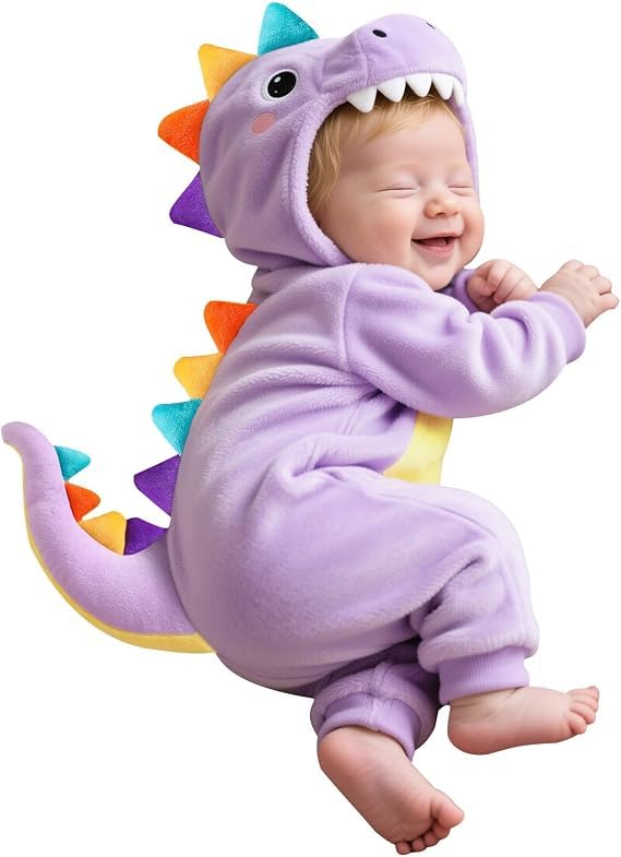 Baby Halloween Costume Toddler Dinosaur Costume Fuzzy Warm Dinosaur Dragon Hooded Romper Funny Cosplay Zip-Up Jumpsuit Fall Winter Animal Outfit Unisex 1-9 Months — image 1