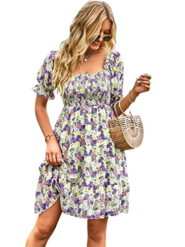 Robe fleurie jaune à col carré idéale pour vos terrasses d'été en M