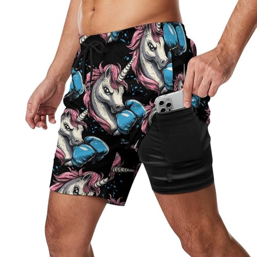 Boxing Unicorm Boxer Beach Shorts for Men Swim Trunks Quick Dry Swim Shorts with Compression Liner Pocket2