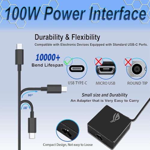 Image of 100W USB C AC Adapter Charger Compatible with Asus ROG Ally X Z1 Dock ROG Flow X13 Z13GV301 GV302 GZ301, Zenbook, Zephyrus, ROG Strix, Vivobook Charger Type C