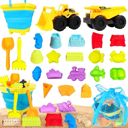 Sandspielzeug Set für Kinder, 24 Stück Kinder Sandkasten Spielzeug mit Sandförmchen, Sandspielzeug Faltbarer Eimer, Spielzeugauto, Sandschaufel, Netzbeutel für Jungen Mädchen ab 3 Jahre