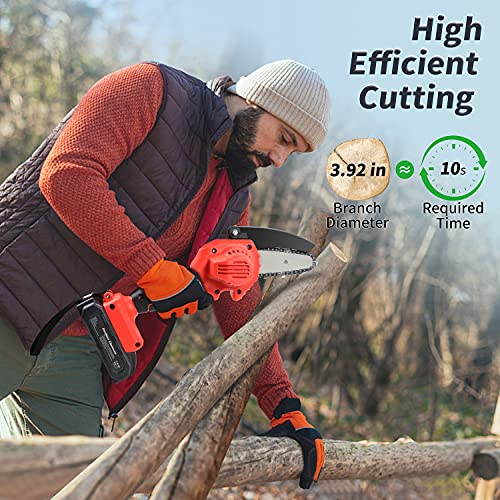 Mini Akku-Kettensäge 24V, 5 M/S Schnurloses Elektrische Motorsäge Kit mit Sicherheitsknopf, 2 ketten 2 Akku & 1 Ladegerät Säge, Für Gartenarbeit Baumbeschneidung Holzschneiden, (Rot) – Bild 3