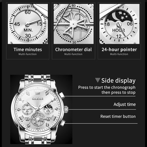 Image of OLEVS Watches Men Waterproof Luxury Big Face Mens Watch Stainless Steel Quartz Analog Dress Watches for Men Luminous Multifunction Man Watch Relojes De Hombre