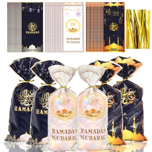120 Stücke 27*12CM Eid Mubarak Tüten Ramadan Deko Tüten Geschenktüten Mit Mond Stern Und Schloss Elementen Krawatten Tüten Dekoration mit Gold Krawatten Für Partytüten Goodie Tasche Kindergeburtstag