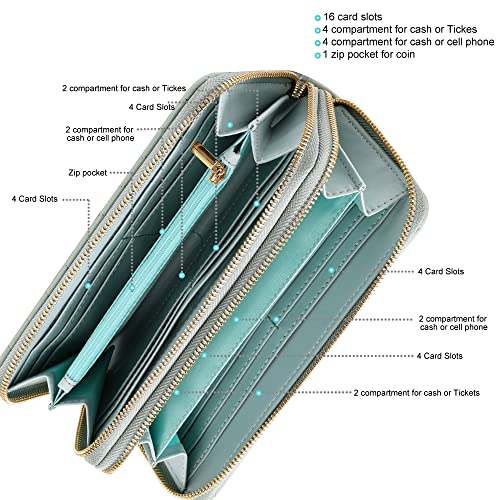 B BRENTANO Vegan Leather Double Zipper Pocket Wallet with Grip Hand Strap (Chevron Embroidered Mint)3