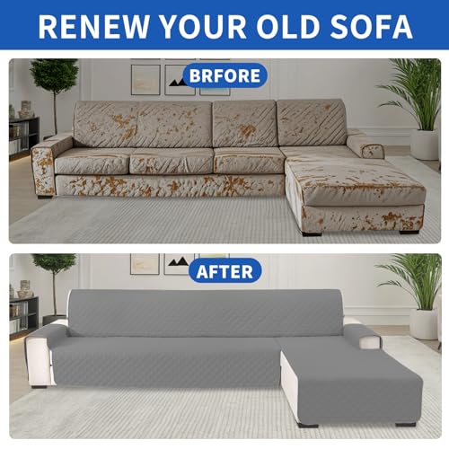 YSTELLAA 100% Wasserdicht Couch Überzug L Form 3 Sitzer, Sofa Cover L Shape Reversibel Universal, Gesteppte Sofa Überzug Ecksofa rutschfest, Couch Bezug Ecksofa Ratzfest Waschbar, Hellgrau