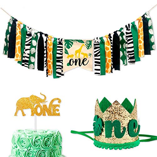 Wild One Baby 1st Birthday Decorations - High Chair Banner, Boy's First Birthday Crown, Glitter Cake Topper for Jungle Animal Theme