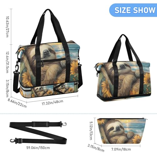 ALAZA Sports Duffel Bags with Toiletry Bag Set,Sloth on Tre Seaside Travel Duffel Bags Multi Pockets Weekend Bag3