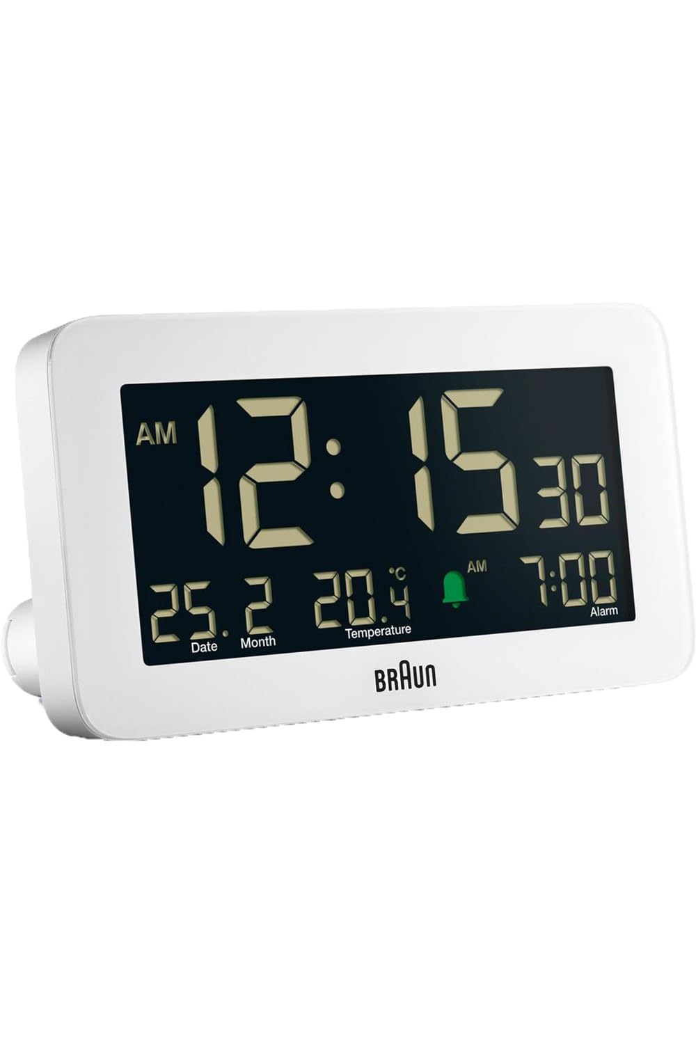 BraunBraun Digital Alarm Clock with Date, Month and Temperature Displayed, Negative LCD Display, Quick Set, Crescendo Beep Alarm in White, model BC10W.
