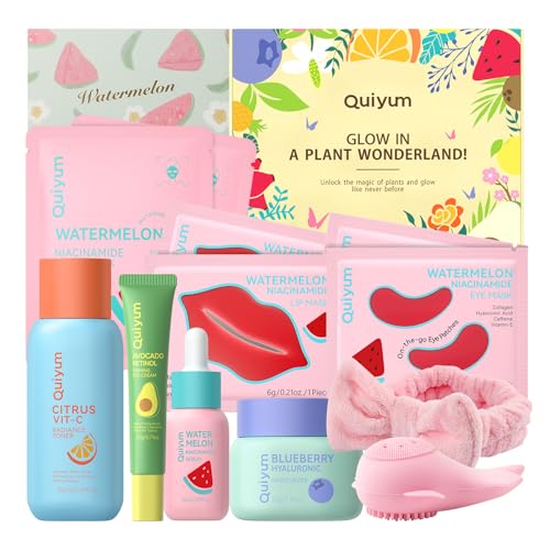 QUIYUM Juego de cuidado de la piel de fruta, 12 piezas, set de cuidado facial para mujer con tónico, suero, crema para los ojos, crema hidratante, mascarilla, cepillo facial y diadema