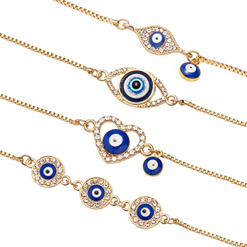 4 Pack Evil Eye Bracelets Pack for Women 14K Gold Plated Blue Evil Eye String Protection Bracelet Aesthetic Jewelry