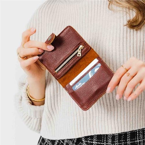 Image of Portland Leather Goods Women's Mini Bifold Wallet - Slim, Palm-Sized Design with Secure Snap Closure, 2 Card Slots, 2 Cash Slots & Zippered Coin Pocket - Nutmeg