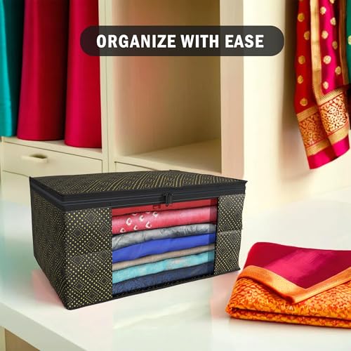 Image of Kuber Industries (Pack of 12) Saree Covers | Foldable Storage Bag for Almirah & Wardrobe | Non-Woven Saree Bags (9 Inch) Clothes Bag for Women (Golden Dot) Sari Cover Bags | Black
