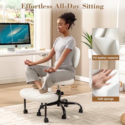 Ergonomic Cross Legged Office Chair with Wheels - Adjustable Height for Meditation, ADHD Desk & Yoga - Wide Criss Cross Design with Lumbar Support, Kneeling Chair - White