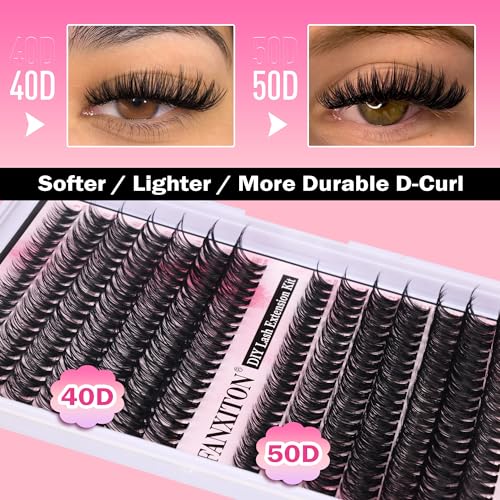 Fanxiton Diy Lash Extension Kit Volume Lash Clusters 40D+50D D Curl Individual Lashes Lash Clusters Kit Thick Eyelash Extension Kit 280 Pcs Thin Band Cluster Lashes Lash Bond And Seal Lash Tweezers thumb #2