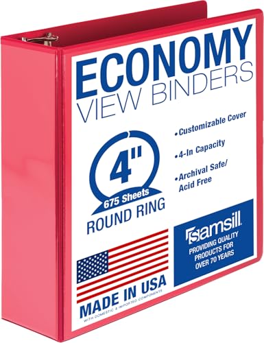 Samsill 4 Inch 3 Ring Binder Economy Round Ring Clear View Cover 675 Sheet Capacity - for Schooo Home Office -Red
