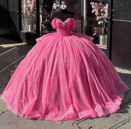 Puffy Tulle Quinceanera Dresses 2025 Sparkly Beaded Sweetheart Quince Dresses with Train TM1583