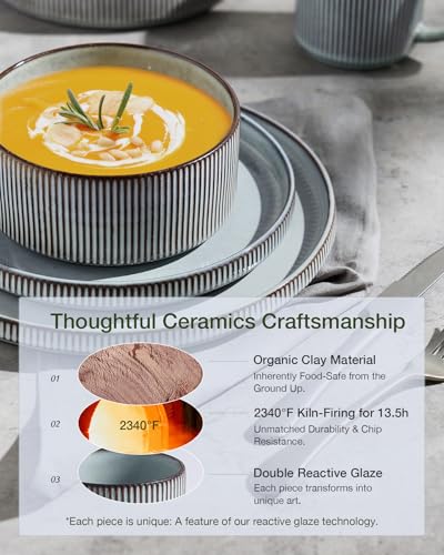 Image of Famiware Star 16-Piece Stoneware Dinnerware Set, Service for 4, Reactive Glaze Mugs, Plates and Bowls, Dishes with Trim, Modern Rustic, Chip /Scratch Resistant, Microwave /Dishwasher Safe, Smoky Blue