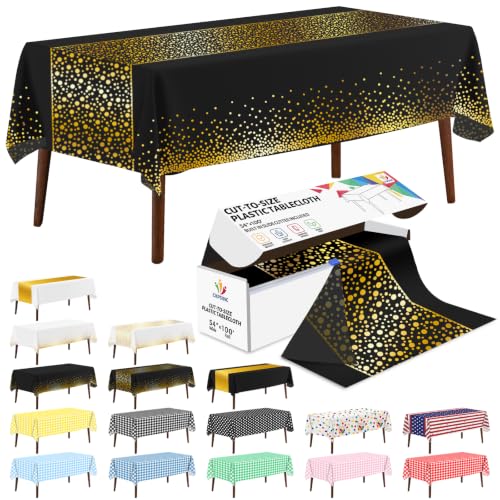 CXPSINC 54 Inch X 100 Feet Plastic Table Cover Roll Disposable Tablecloth with Slide Cutter for All Type/Shape Tables | Party, Banquet, Birthdays, Weddings(Black Golden Dot, 100 Feet)
