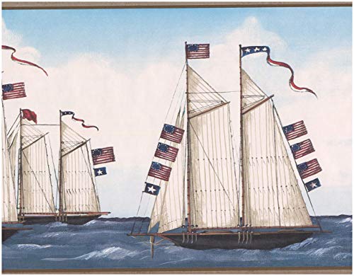 Usa American Flags On Sailboats In The Sea Vintage Wallpaper Border Retro Design, Roll 15' X 8.5'' #TOP8