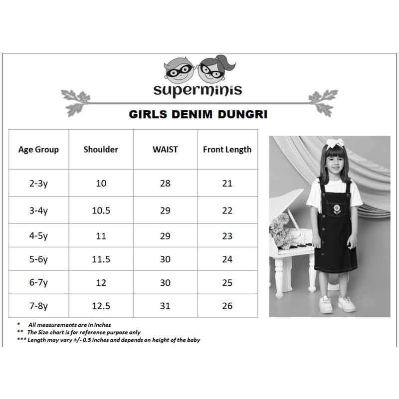Image of superminis Girls Twill Denim Solid Color Dungree /Dress With Embroidered Pocket (1 Dress,1 Tee)