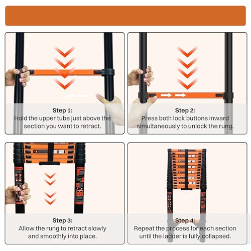 Image of BonKaso Telescopic Ladder 6.2m (20 Ft), 16 Steps | Heavy-Duty Foldable Alloy Steel Ladder with Anti-Slip Steps, 150kg Load Capacity, Rustproof, EN131 Certified | Matt Black & Orange