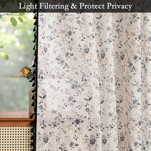 Image of MYSKY HOME Farmhouse Floral Boho Linen Blend Curtains with Black Tassels 63 Inch Length 2 Panels Semi Sheer Light Filtering French Cottage Bedroom Drapes Back Tab, 50 inch Wide Each Panel, Black