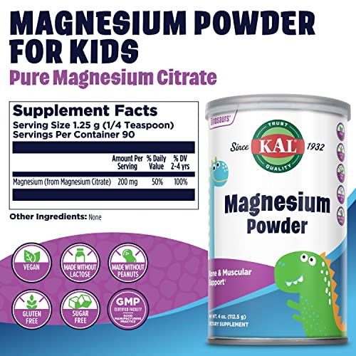 Kal Magnesium Powder, Magnesium For Kids, Pure Magnesium Citrate Powder, Healthy Bone Development, Muscle And Nerve Function Support, Vegan, Gluten Free, Sugar Free, 90 Servings, 4 Oz #TOP1