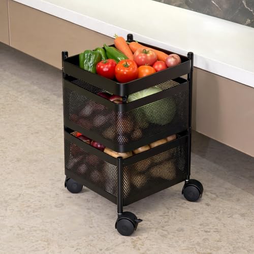 Image of RADIANT 2 Layer Multipurpose Plastic Trolley with Dish Rack for Kitchen Fruit Vegetable Storage Basket Kitchenware Food, Snacks, Toys, Tiered Shelf (Black) (Square Trolley - 2 Layer)