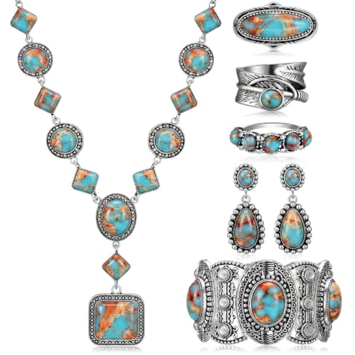 Image of Ecally Bohemian Western Jewelry Turquoise Set Women Country Pendant Long Choker Layered Bracelets Earrings Ring for Women
