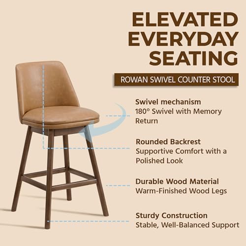 Image of ROME + OAK Set of 2 Rowan 26 Inch Swivel Counter Height Stool in Walnut Finish with Brown Vegan Leather Upholstery Seat - Kitchen or Dining Room Furniture