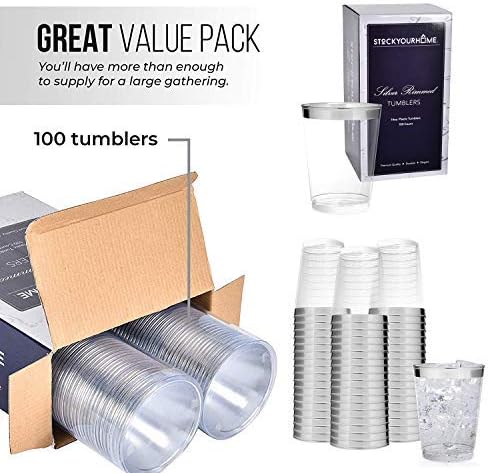 Clear Plastic Disposable Party Cups (100 Count) 14 Oz Silver Rim Cups - Fancy Reusable Plastic Tumblers, Silver, 14 Ounce