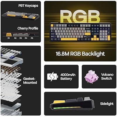 MechLands Aula F108 100% Wireless Gaming Keyboard, Full Size Custom Gasket Mechanical Keyboard, 4000mAh Battery, Programmable 108 Keys, Hot-Swappable, for Win/Mac (Grey&Yellow)