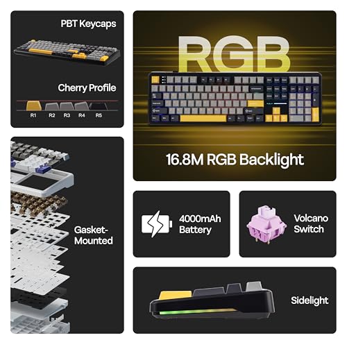 Image of MechLands Aula F108 100% Wireless Gaming Keyboard, Full Size Custom Gasket Mechanical Keyboard, 4000mAh Battery, Programmable 108 Keys, Hot-Swappable, for Win /Mac (Grey&Yellow)