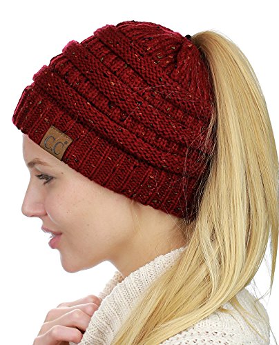 C.C BeanieTail Soft Stretch Cable Knit Messy High Bun Ponytail Beanie Hat, Confetti Burgundy