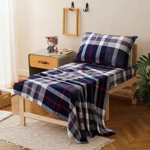 Image of Luxlovery Toddler Comforter Set Blue Plaid Boys Kids Boho Bedding Set Bed Set for Dorm 4 Pieces (1 Comforter, 1 Flat Sheet, 1 Fitted Sheet, 1 Pillowcase)