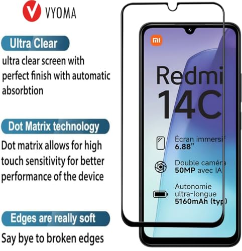 Image of VYOMA Military-Grade Gorilla Tempered Glass for Redmi 14C 5G / A5 / A4 / Poco C75 / C71 (Black) Edge to Edge Screen Protectors, High Clarity, 9H Hardness, Scratch Resistant, Military-Grade, Shatterproof, Screen Guard with Easy Installation Kit