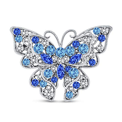 Image of Bling Jewelry Large Statement Crystal Accent Yellow Orange Golden Aqua Blue Black Clear Garden Dragonfly Firefly Fluttering Filigree Butterfly Brooch Scarf Pin For Women And Teens Silver Gold Plated