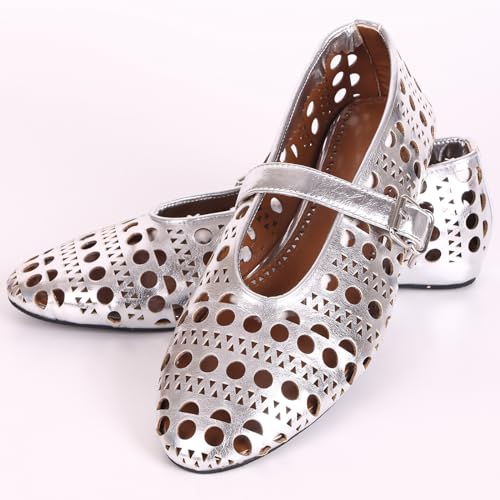 YXCFEWD Women's Mary Jane Ballet Flats - Comfortable Dressy Shoes for Women(Silver one 6)4