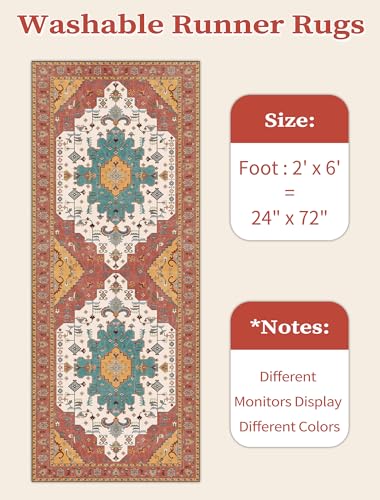 SERISSA Boho Washable Runner Rug, 2x6 Rug Non-Slip Vintage Orange Hallway Kitchen Runner Rug Ultra Soft Print Distressed Floor Carpet for Bedroom Bathroom Laundry Living Room